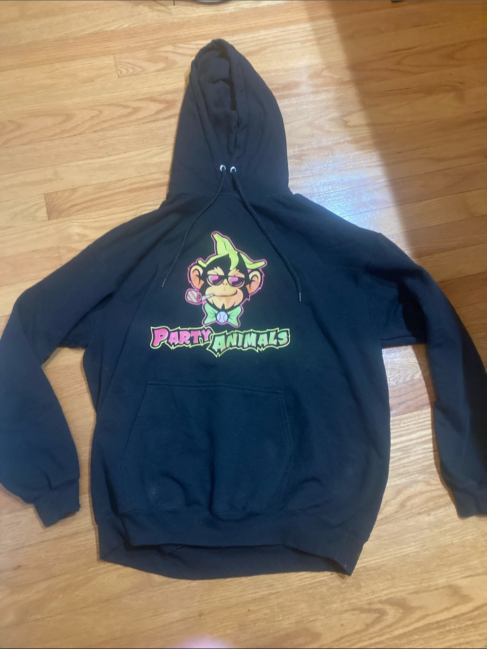 Port and Company Black Hoodie with Neon 'Party Animals' Graphic xl
